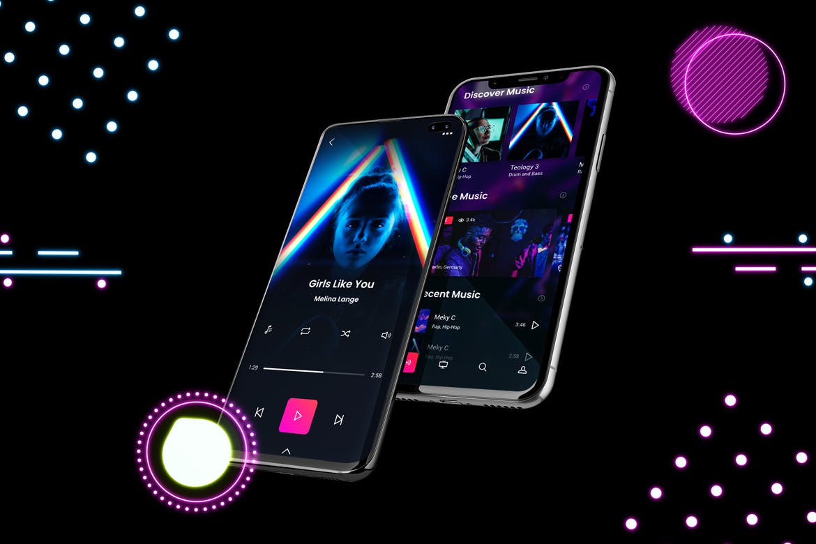 高质量霓虹灯风格iOS/Android手机样机模板 Neon IOS & Android插图(7)