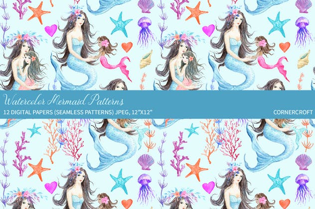 水彩手绘美人鱼图案纸张背景素材 Watercolor Mermaid Digital Paper插图(9)