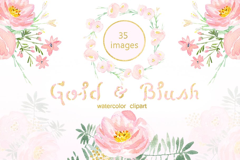 水彩浅粉腮红金色花卉剪贴画合集 Gold and blush watercolor flowers插图3