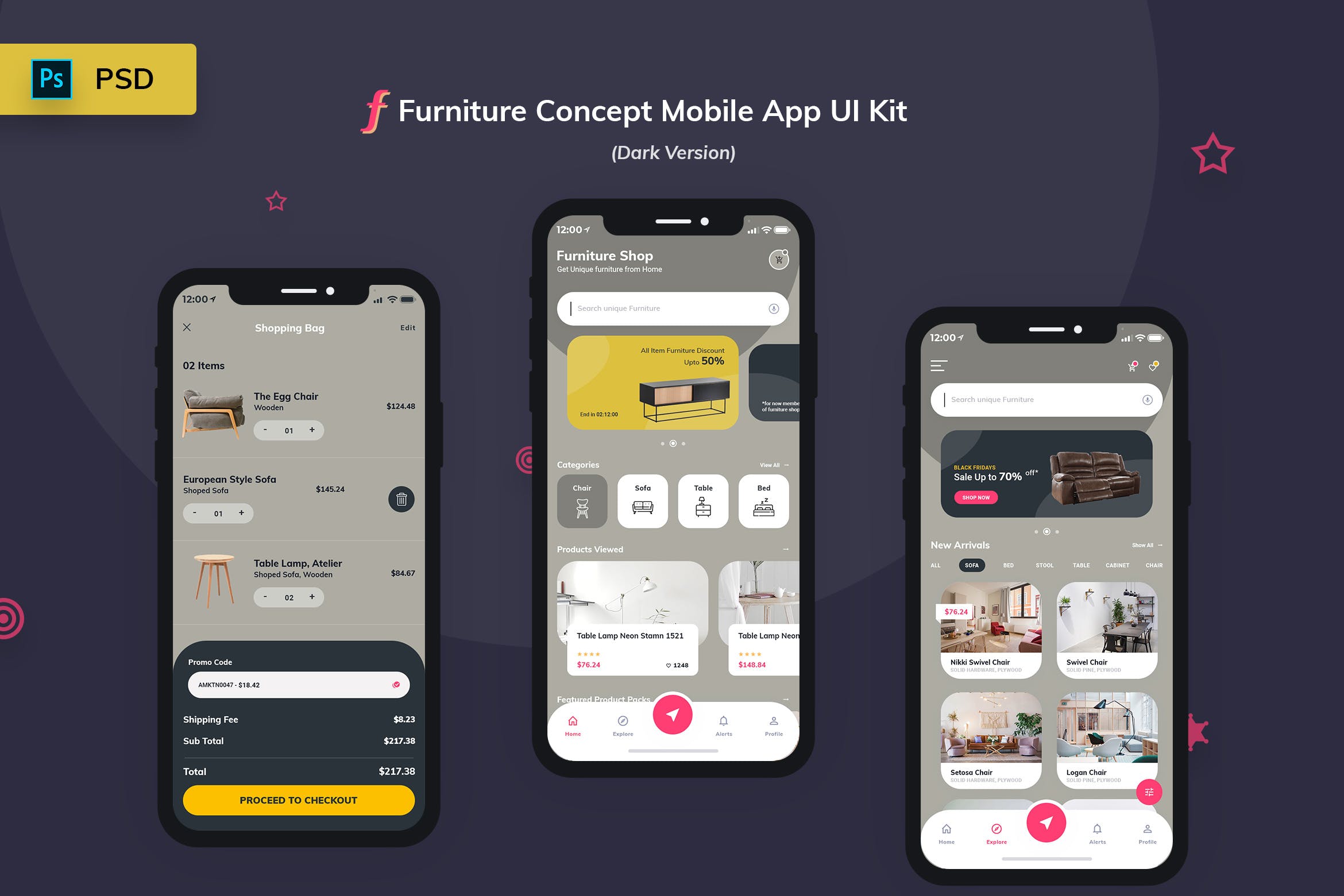 网上家具商城APP应用UI设计模板[夜间版本] Furniture App UI Kit Dark Version插图