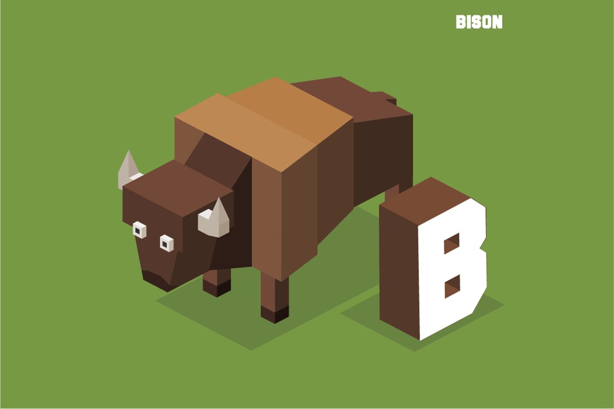 字母B&野牛动物英文字母识字卡片设计2.5D矢量插画素材 B for Bison, Animal Alphabet插图