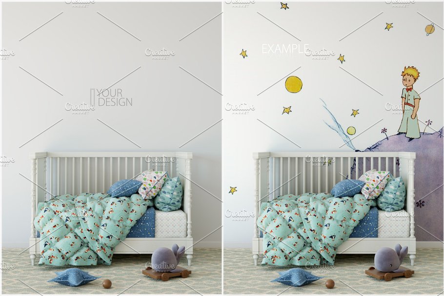儿童主题室内墙纸设计展示和相框画框样机 Kids Interior Wall & Frames Mockup 1插图11