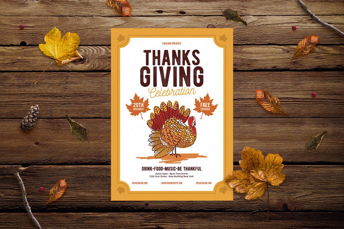 感恩节火鸡节美食庆祝活动海报设计模板 Thanksgiving Celebration插图(1)