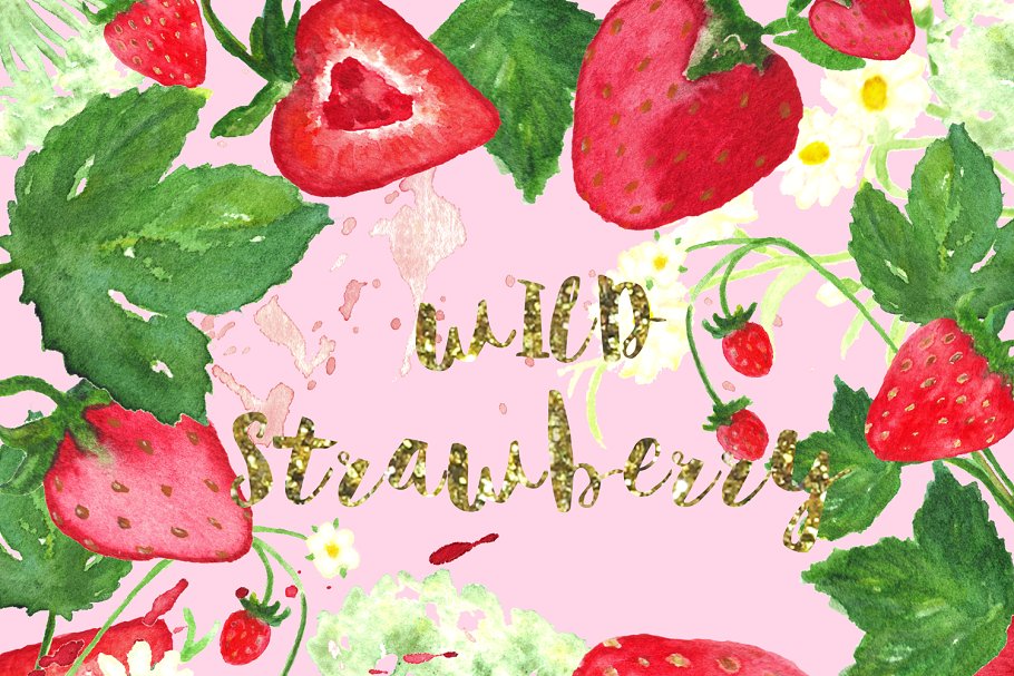 浪漫手绘野草莓水彩剪贴画 Wild strawberry watercolor clipart插图