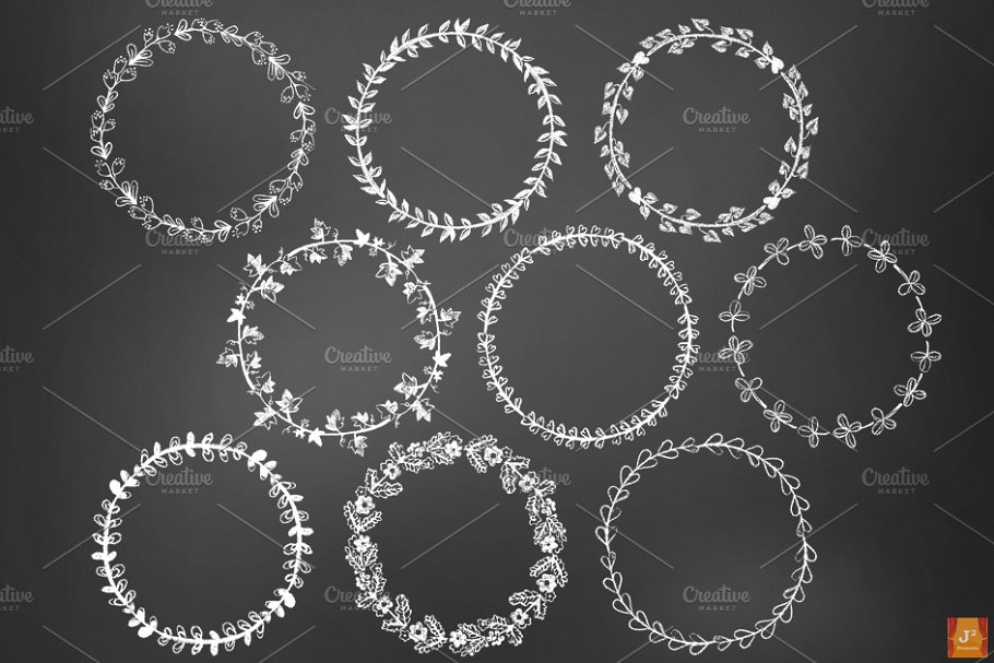 粉笔手绘黑板风格月桂花环剪贴画 Vector PNG Chalkboard style Wreaths插图(1)