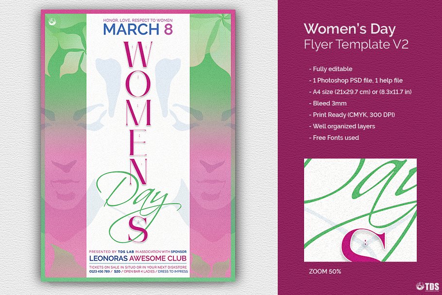 妇女节活动传单PSD模板v2 Womens Day Flyer PSD V2插图