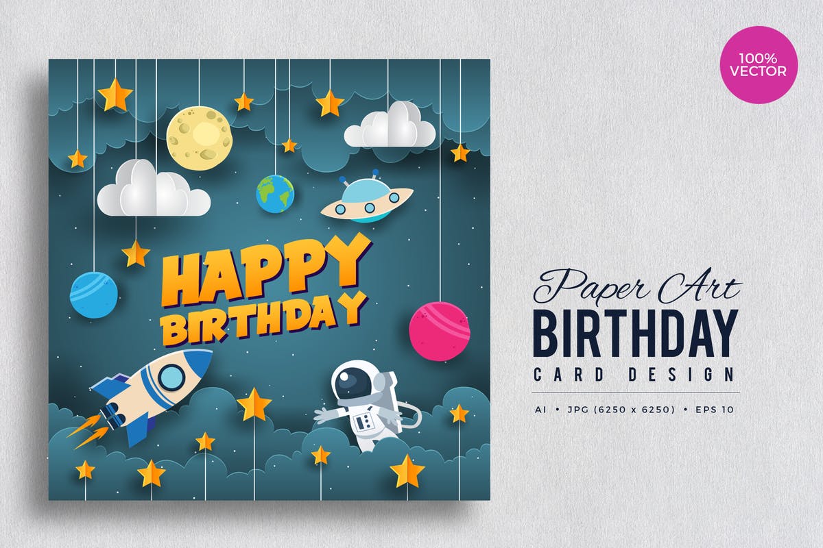 剪纸艺术生日快乐矢量贺卡设计模板v7 Paper Art Happy Birthday Vector Card Vol.7插图