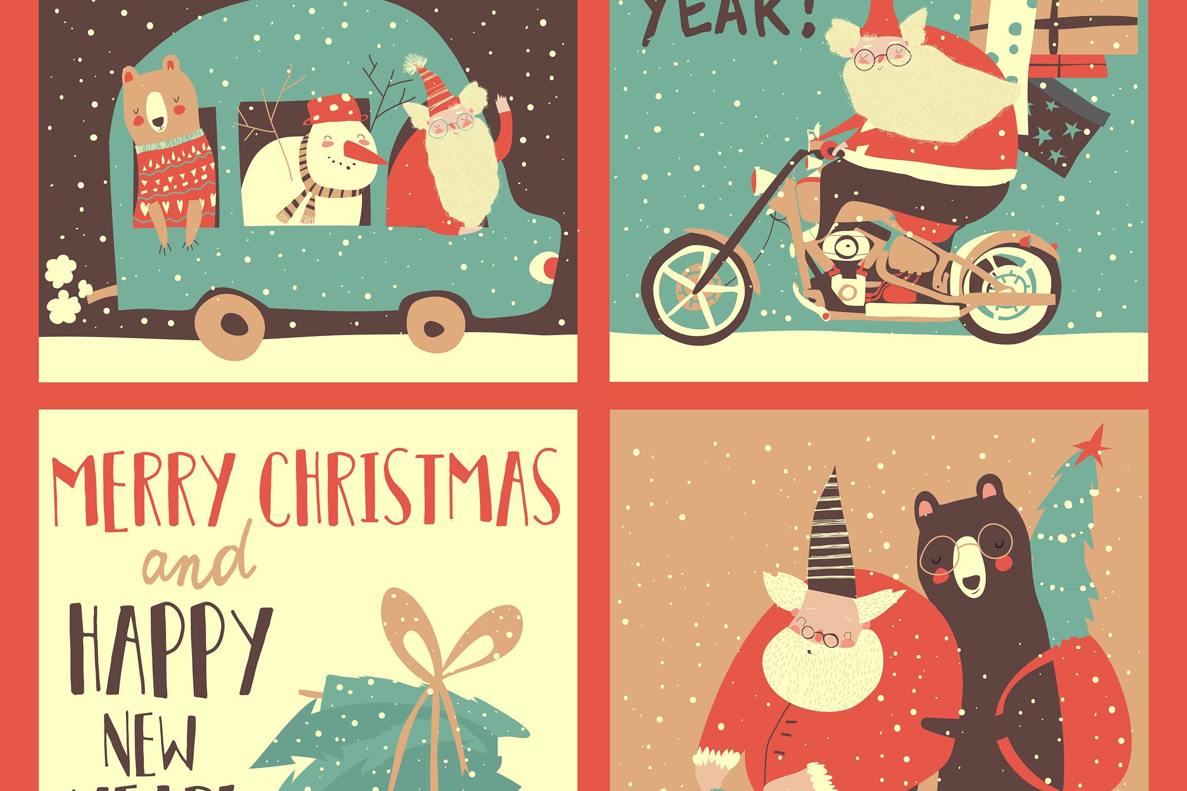 圣诞老人送礼场景手绘圣诞节贺卡设计模板 Vector Set of Christmas cards with Santa s transpo插图