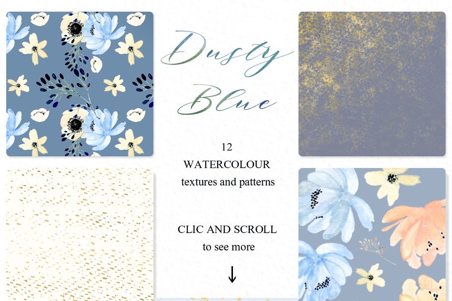 灰蓝色&金色水彩花卉图案 Dusty blue gold. Watercolor floral插图4