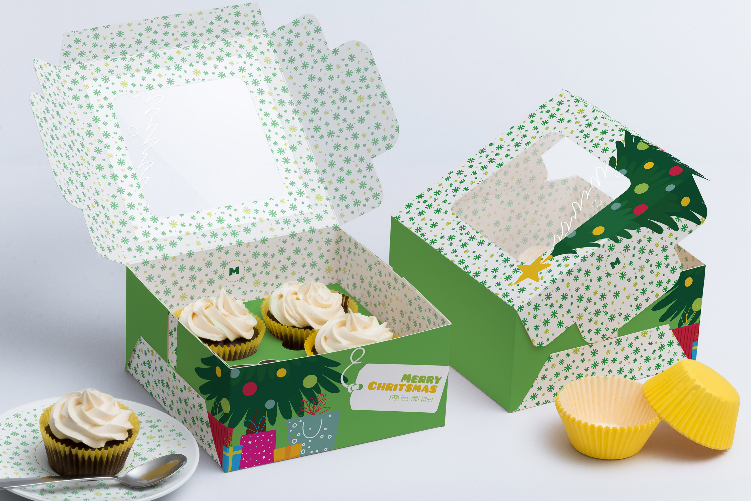 四只装纸杯蛋糕礼盒包装外观设计样机 Four Cupcake Box Mockup 01插图