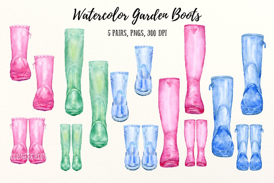 水彩艺术塑胶雨靴花园靴子剪贴画 Watercolor Garden Boots, Wellies插图(1)