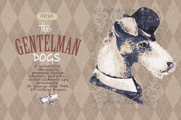 复古手绘水彩小狗插画 GENTLEMAN DOGS SET插图(9)