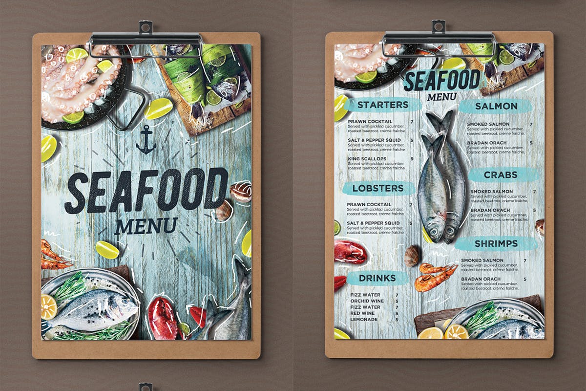 海鲜主题餐厅菜单设计PSD模板 Seafood Menu插图