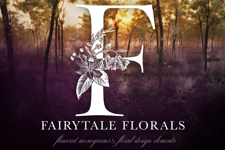 手绘花饰字母插画合集 Fairytale Florals Monogram Set插图