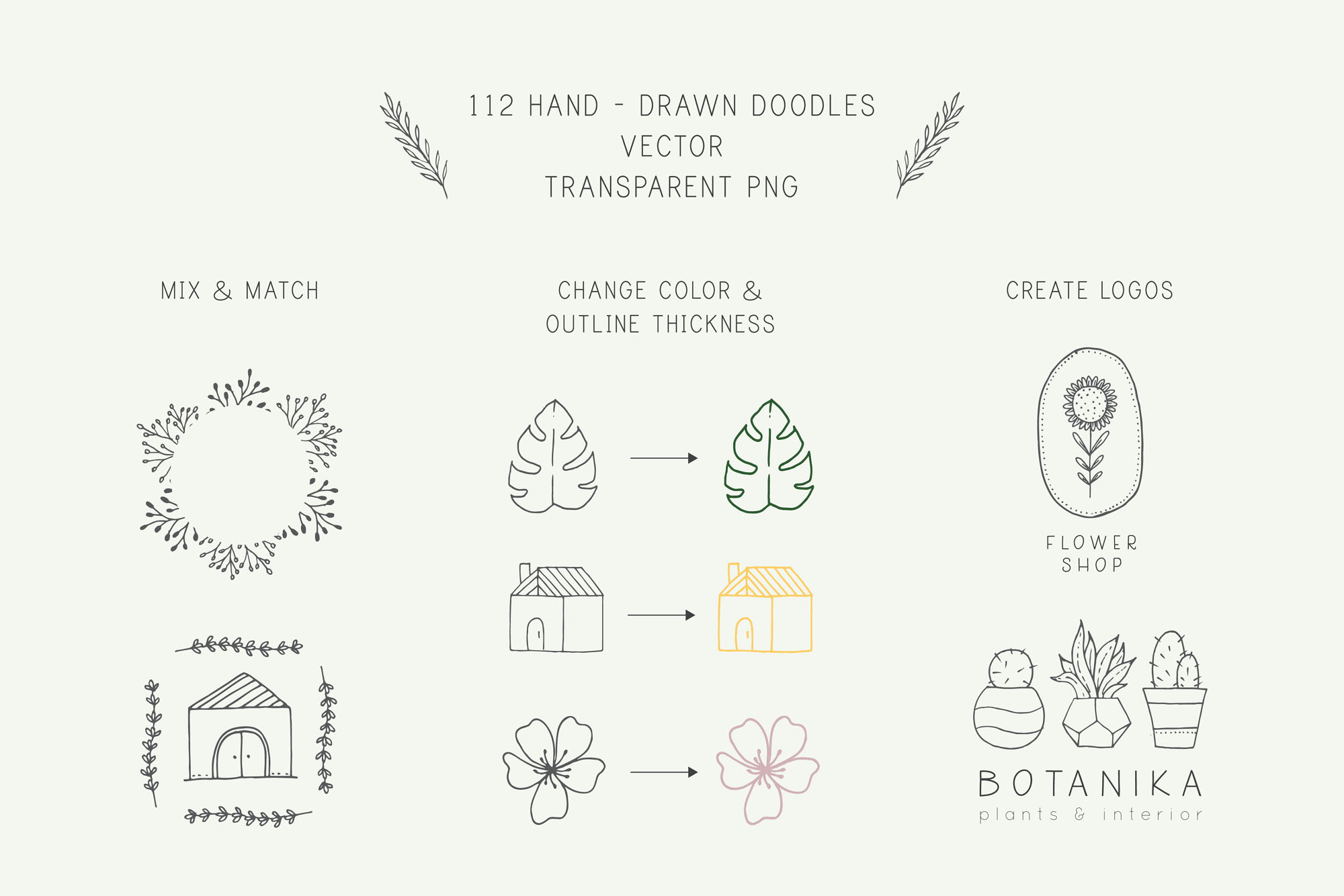 自然与植物手绘涂鸦矢量图形设计素材 Nature and Botanical Hand Drawn Doodles插图(1)