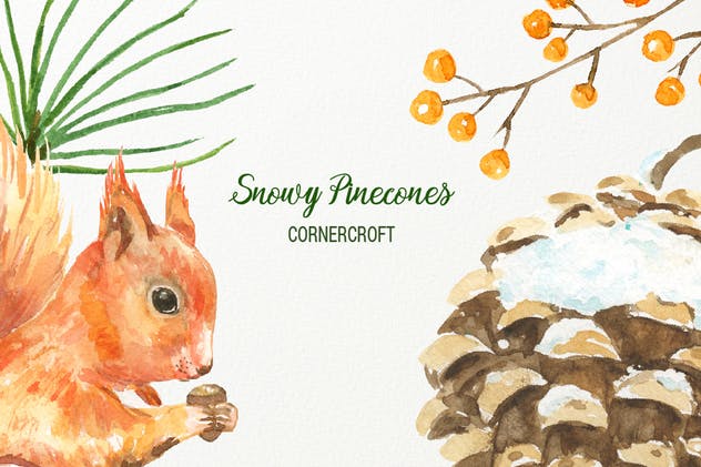 雪花松果圣诞节主题水彩系列插画套装 Watercolor Snowy Pinecones插图(2)