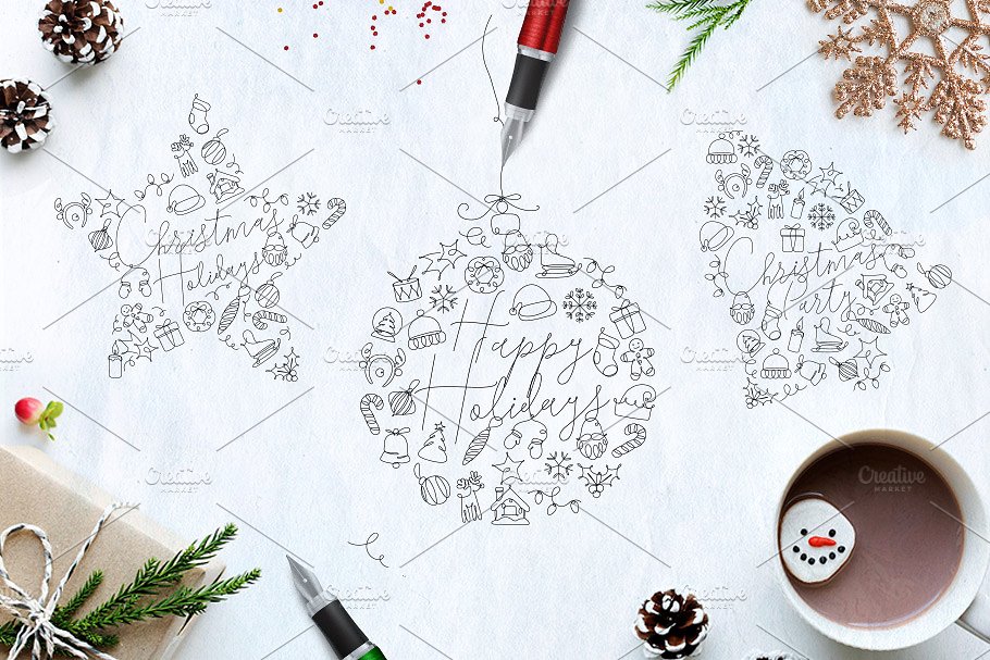圣诞节节日主题设计插画素材合集 Christmas Holidays One Line插图4