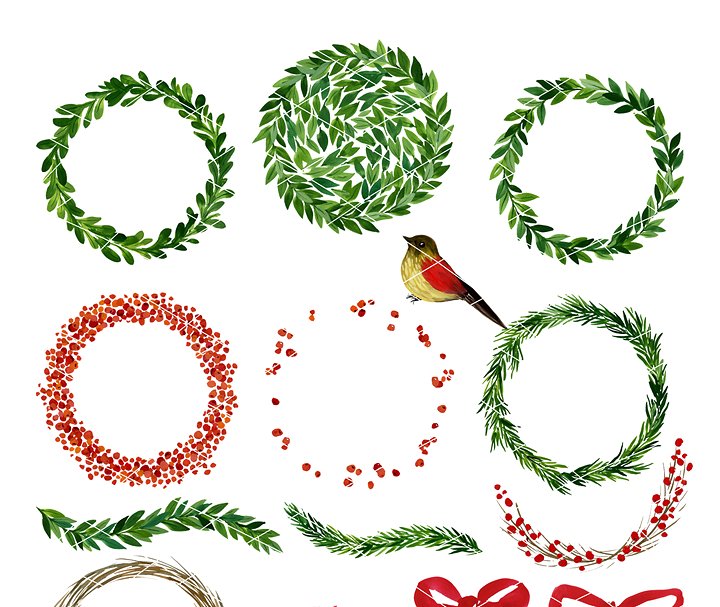 手绘水彩圣诞元素花环剪贴画 Christmas wreaths clipart插图(1)