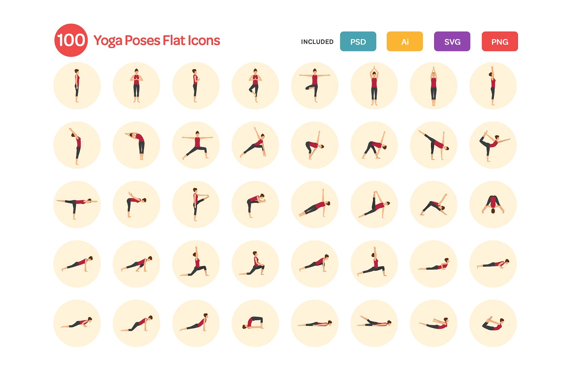 瑜伽动作扁平化图标 Yoga Poses Flat Icons Set插图(1)