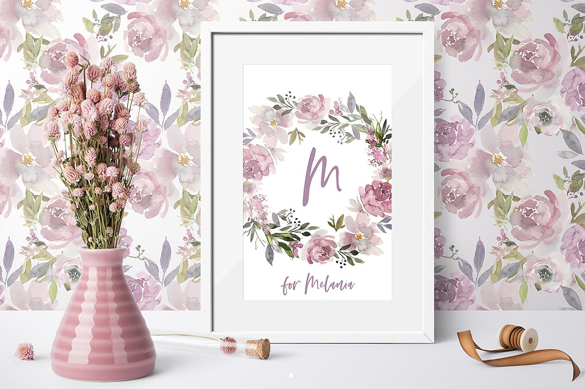 淡紫色玫瑰水彩花卉剪贴画 Mauve Rose Watercolor Floral Clipart插图5