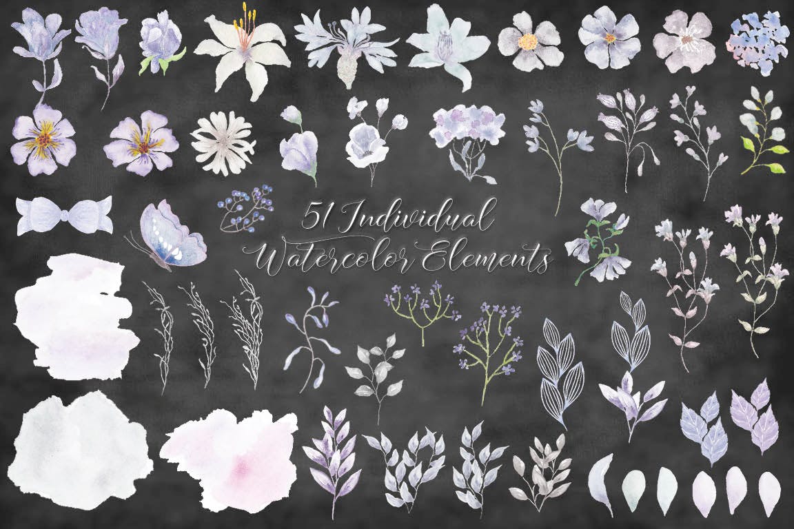 烟灰色水彩花卉手绘图案PNG素材 Smoky Grey Florals Watercolor Design Set插图8