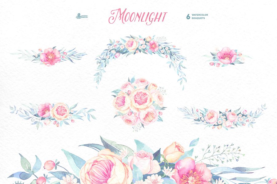 月色水彩花卉设计套装 Moonlight. Floral collection插图1