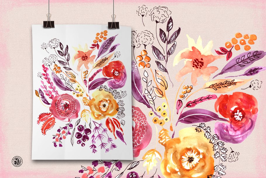 华丽感水彩玫瑰花卉剪贴画 Mixed Media Flowers插图(2)