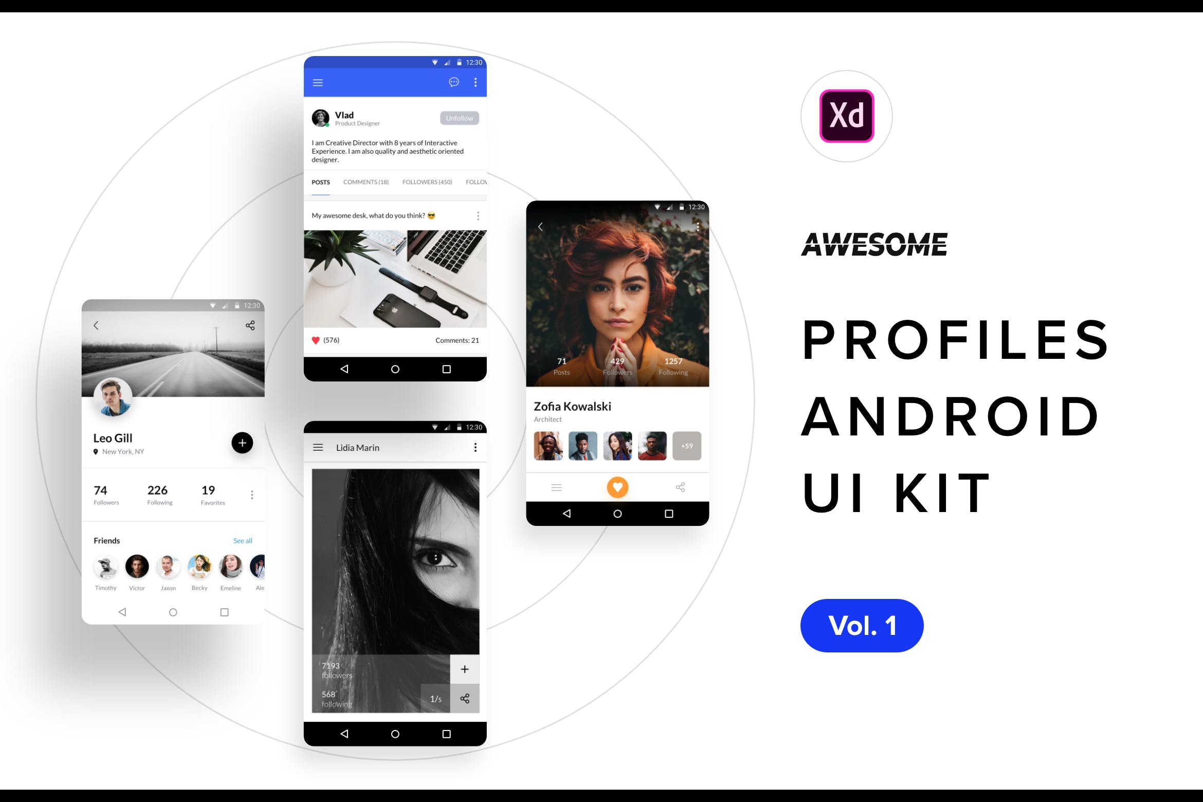 安卓平台社交APP应用用户界面设计XD模板v1 Android UI Kit – Profiles Vol. 1 (Adobe XD)插图