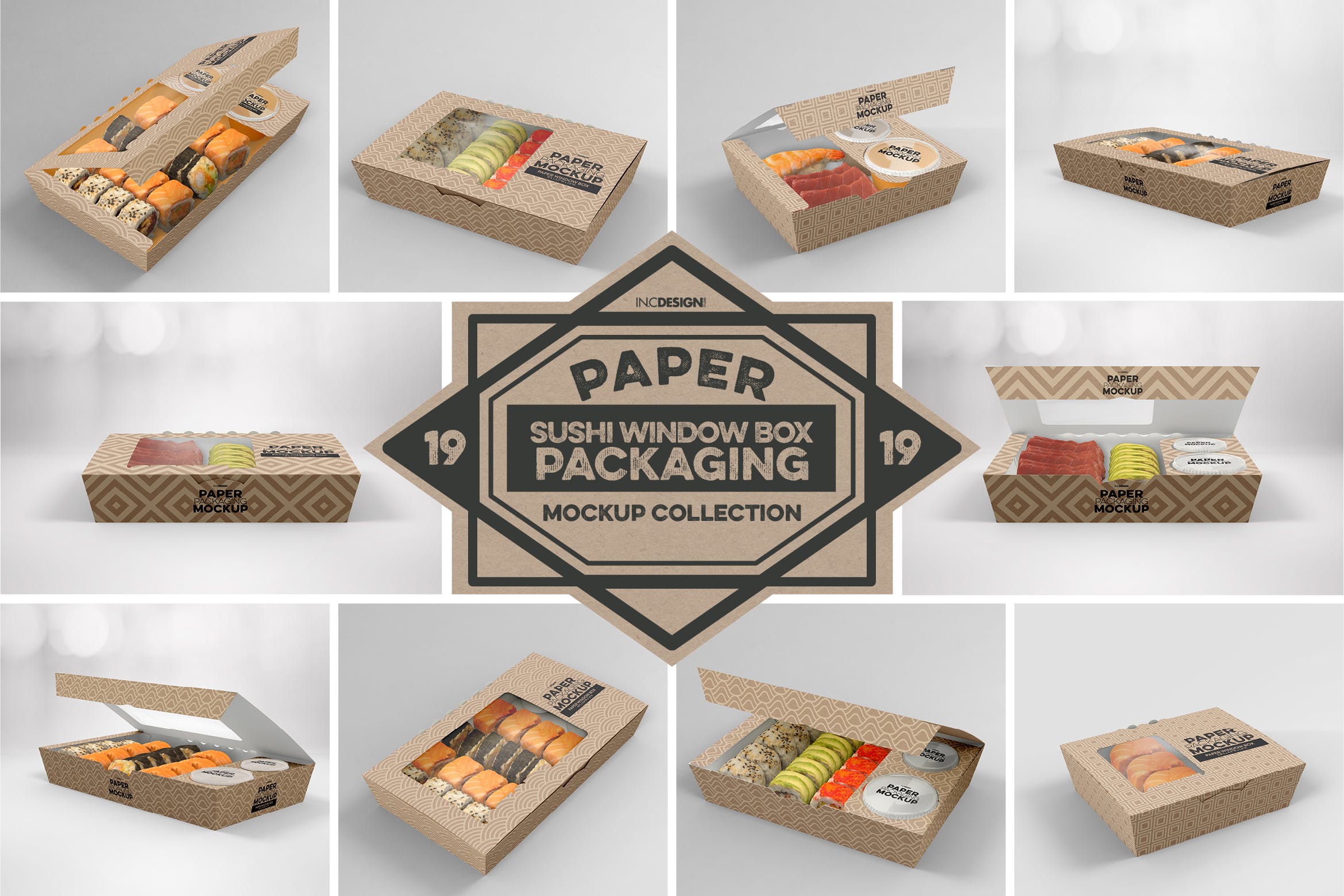 寿司开窗包装盒样机模板 Paper Window Sushi Boxes Packaging Mockup插图