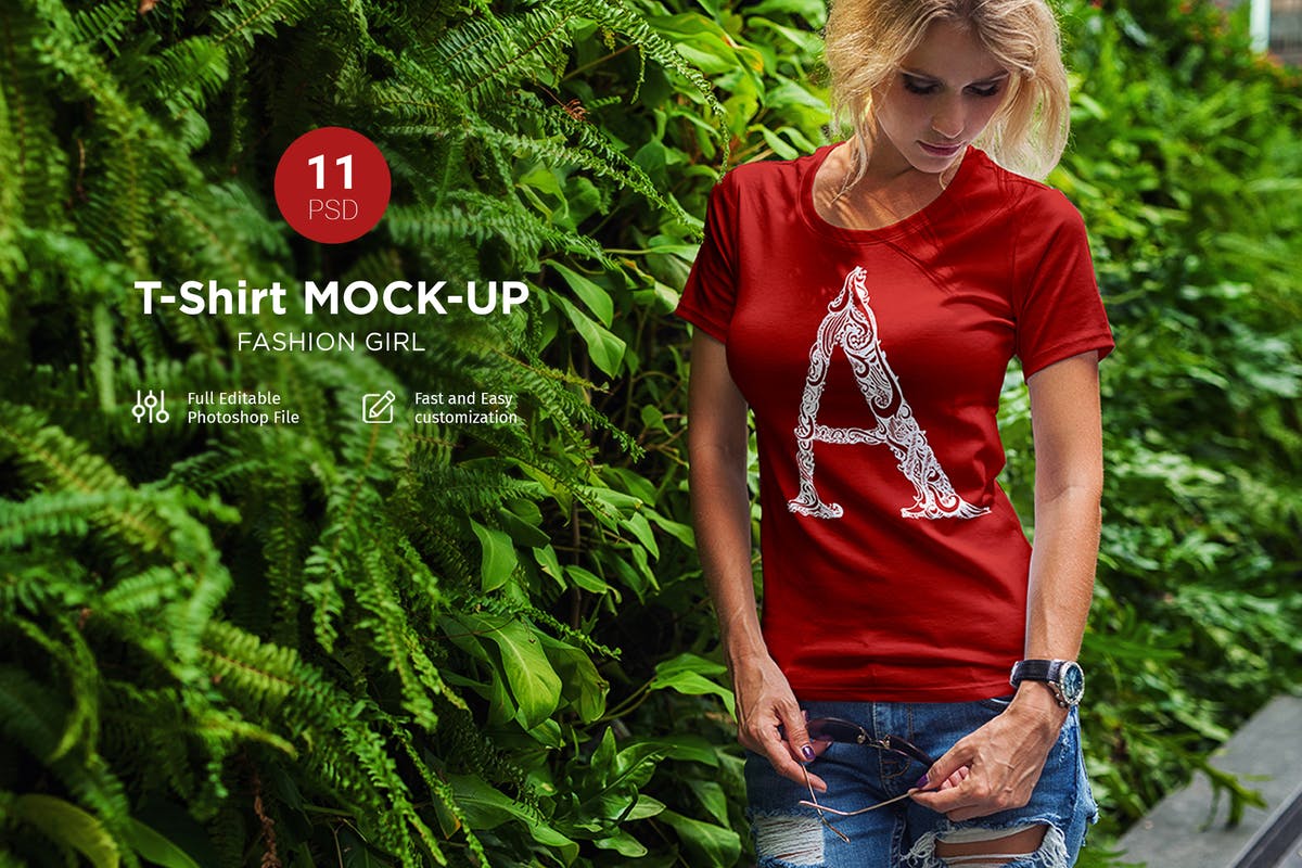 时尚模特上身效果T恤服装样机模板 T-Shirt Mock-Up Fashion Girl插图
