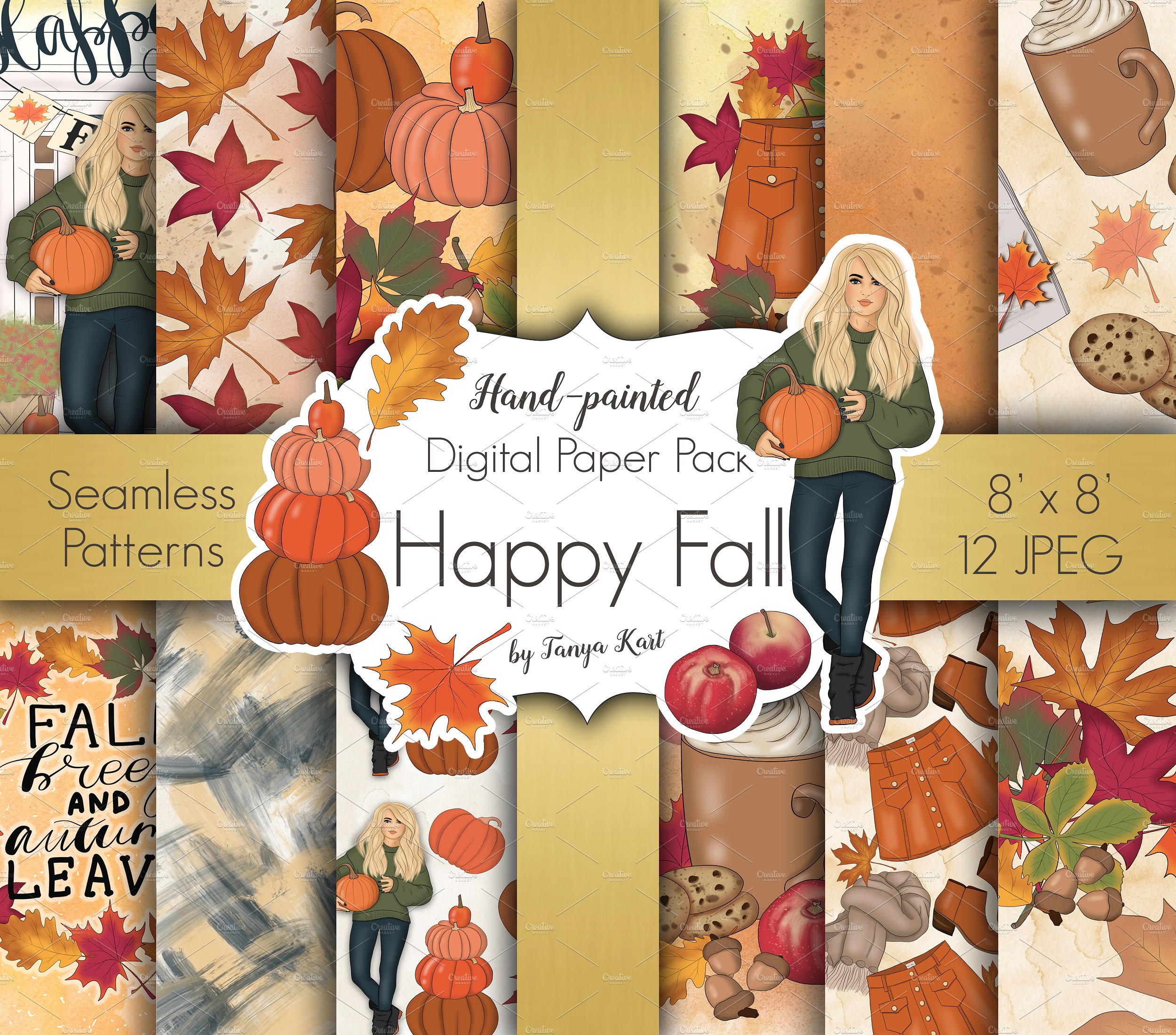 丰收的季节手绘设计插画素材+纹理 Happy Fall Autumn Design Kit插图1