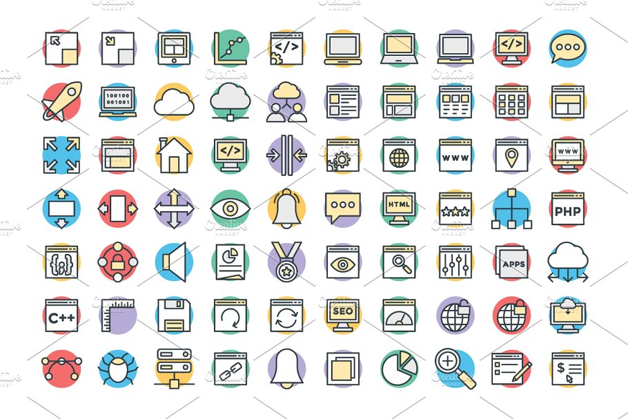 150+互联网开发＆设计专题彩色图标 150+ Design and Development Icons插图(1)
