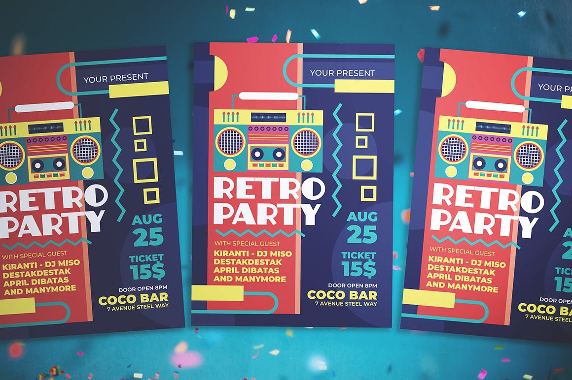 复古孟菲斯设计风格活动派对海报传单模板 Retro Party Flyer插图(3)
