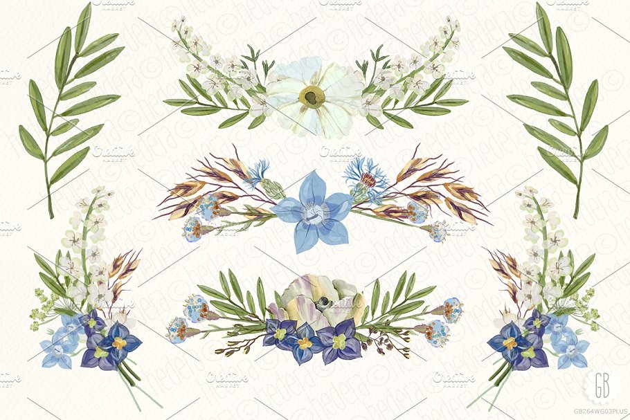 橄榄枝&野花花环水彩插画 Watercolor wildflowers wreaths olive插图1