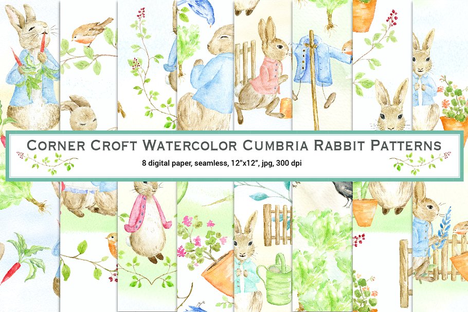 经典水彩兔子无缝图案 Watercolor Cumbria Rabbit Patterns插图(1)