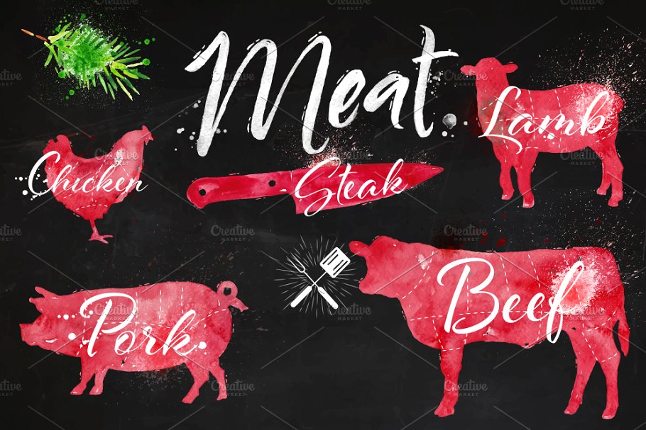 水彩肉类符号 Watercolor Meat Silhoettes插图(3)