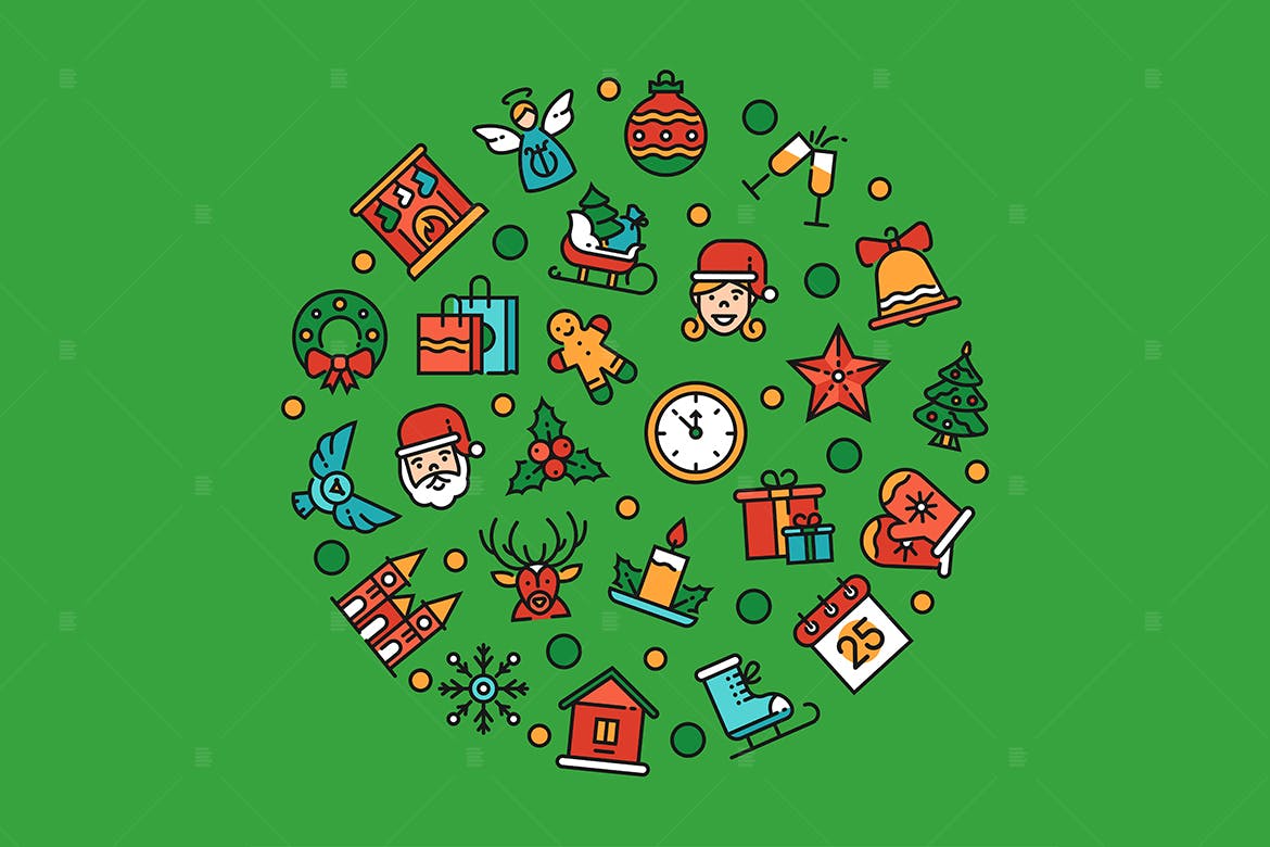 圣诞节符号图标组合圆形矢量设计素材 Christmas symbols – linear illustration插图
