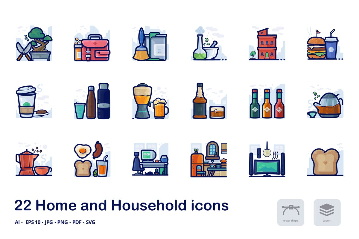 家庭生活概念矢量图标集 Home and household filled outline icons插图