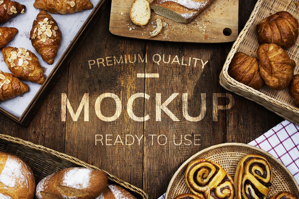 面包烘培品牌场景样机模板 Pastry on the table Mockup插图