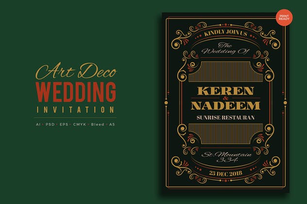 艺术装饰婚礼邀请函PSD设计模板v9 Art Deco Wedding Invitation PSD And Vector Vol.9插图(1)