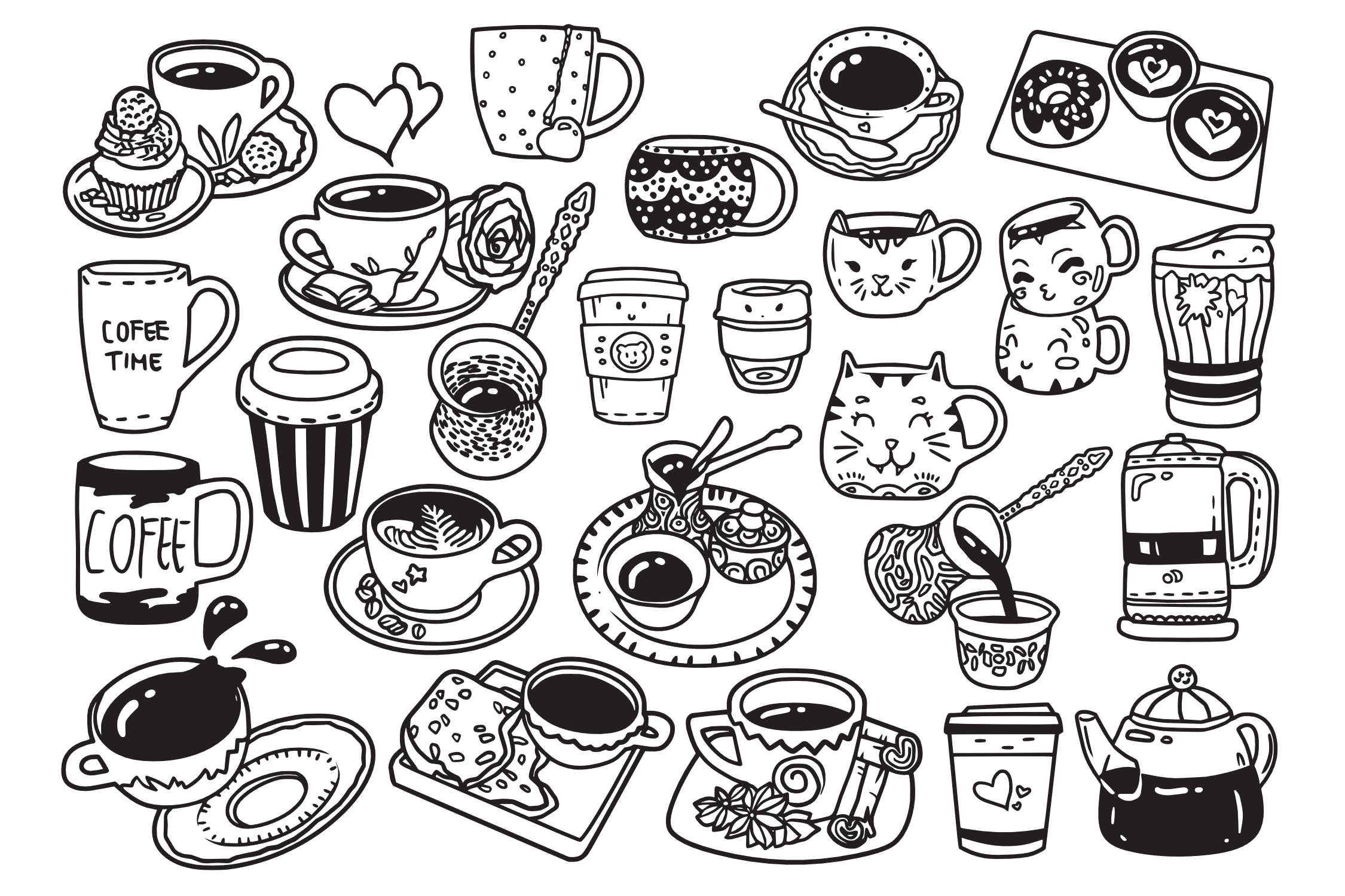 25款咖啡元素涂鸦手绘图案设计素材 Coffee Doodle Vector插图(1)