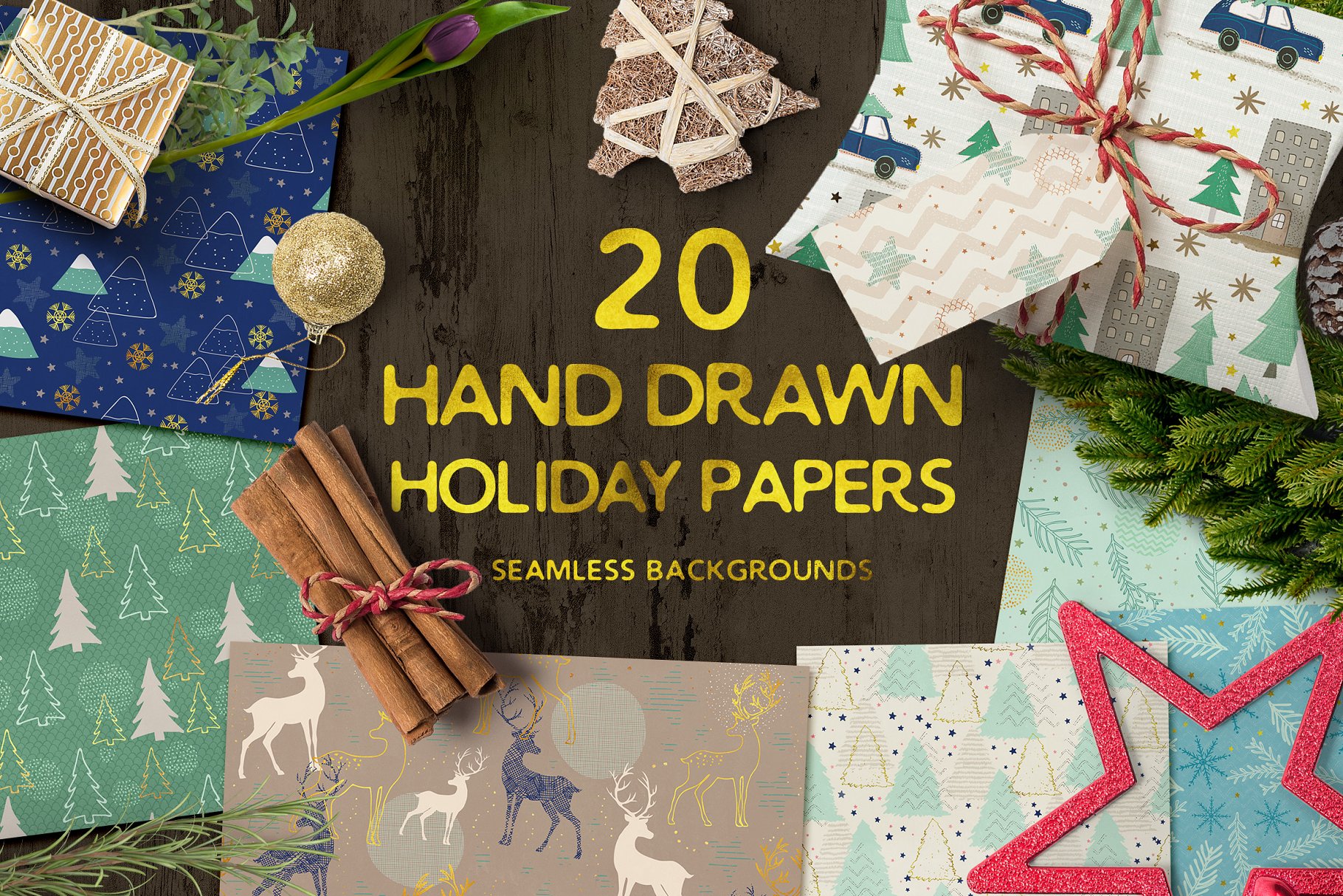 手绘节日元素图案纹理集 Hand drawn seamless holiday papers插图