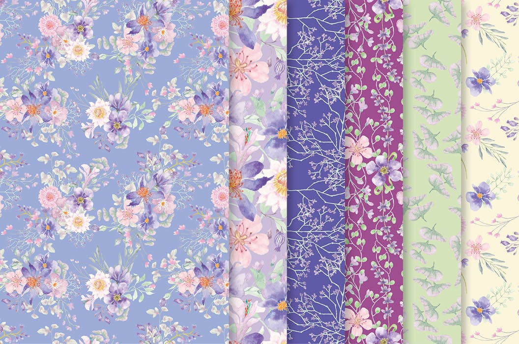 紫色梦幻水彩花卉图案设计素材包 Purple Dreams Watercolor Design Set插图6