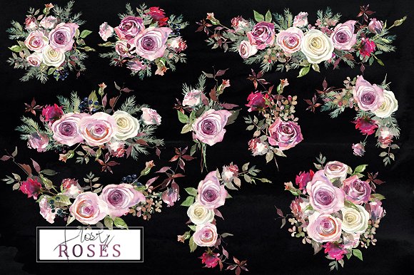 霜白玫瑰花水彩画设计素材 Frosty Roses Watercolor Flowers Set插图(18)