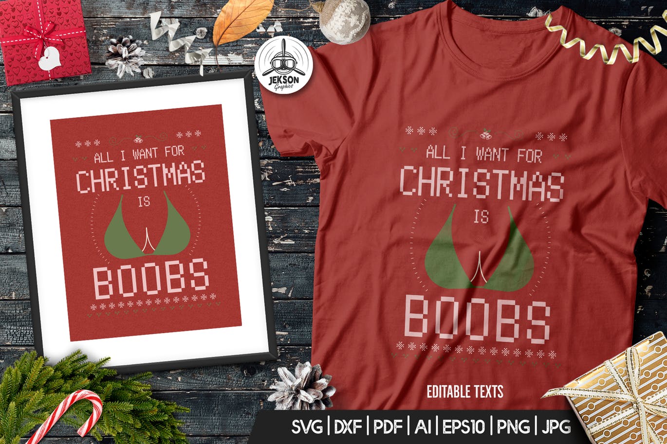 复古设计风格圣诞节T恤性感印花图案矢量设计素材 Funny Christmas Tshirt Template, Vintage Design插图