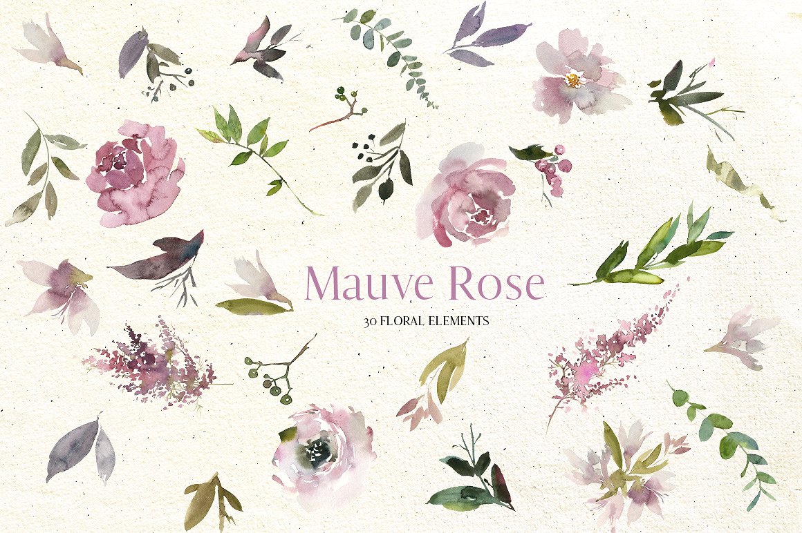 淡紫色玫瑰水彩花卉剪贴画 Mauve Rose Watercolor Floral Clipart插图3