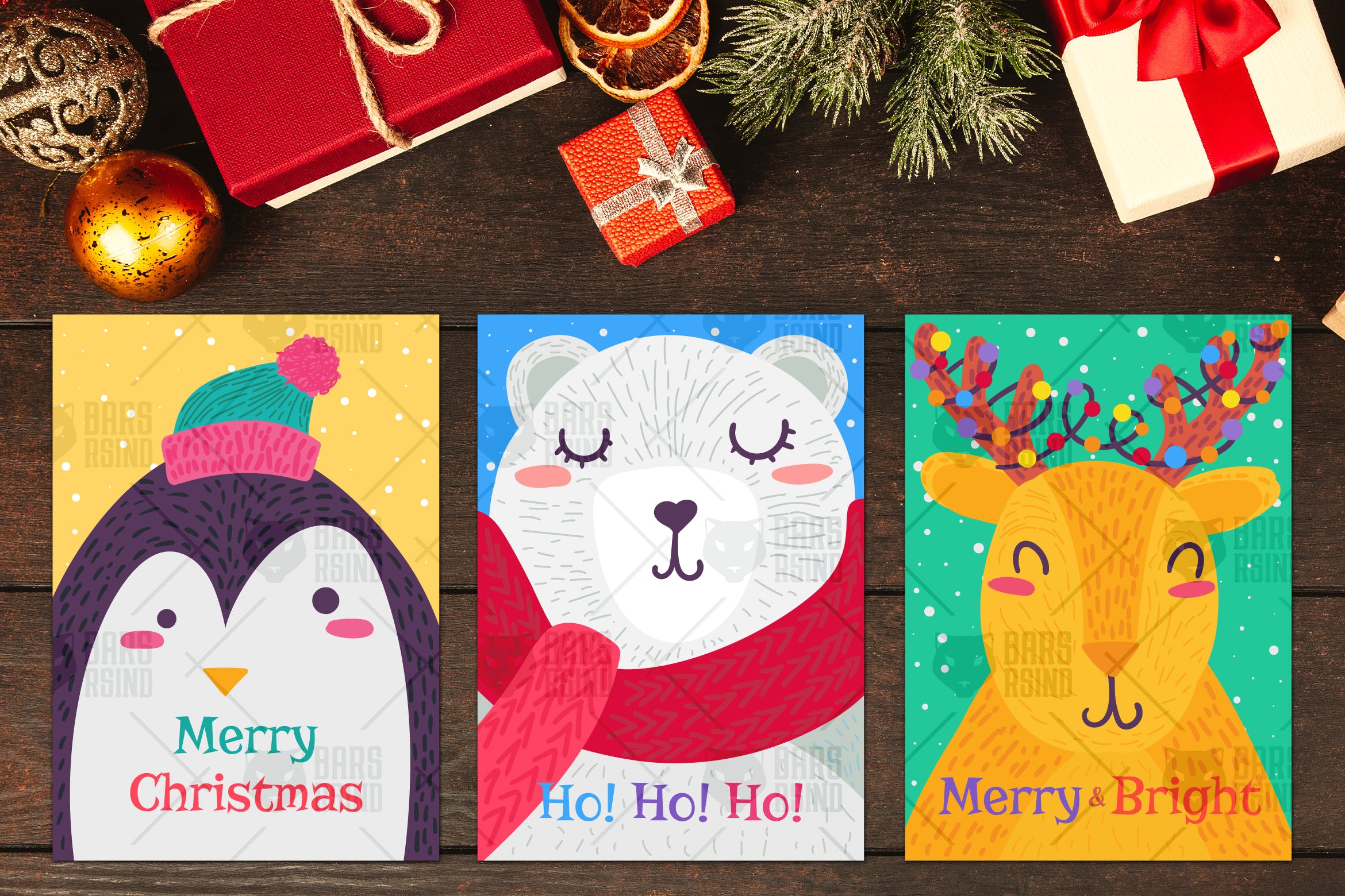 圣诞节主题卡通动物手绘图案贺卡设计模板 Christmas Greeting Cards With Animals Set插图