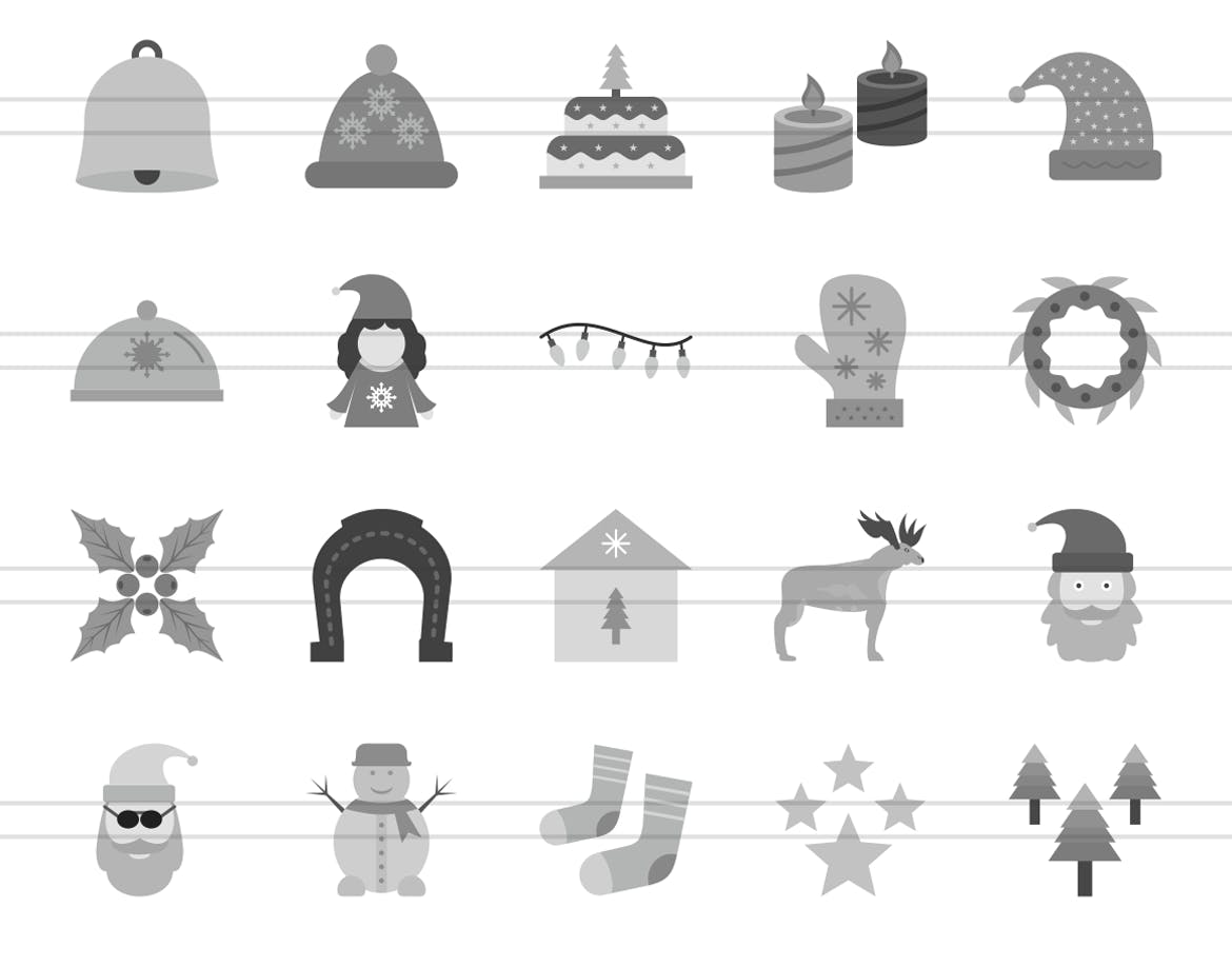 40枚圣诞节主题扁平设计风格灰阶图标 40 Christmas Flat Greyscale Icons插图(2)