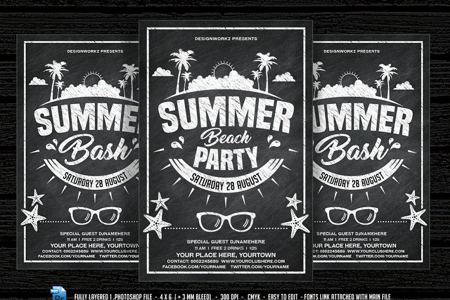 海滩派对黑板报海报宣传设计模板 Chalkboard Summer Beach Party插图