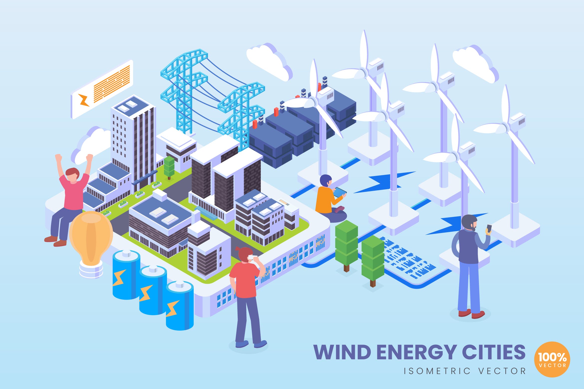 风力发电技术等距矢量概念插画素材 Isometric Wind Energy Cities Technology Vector插图